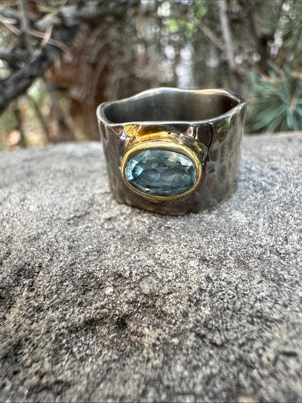 Sundance Two-Tone Silver Band Ring with Blue Gemstone